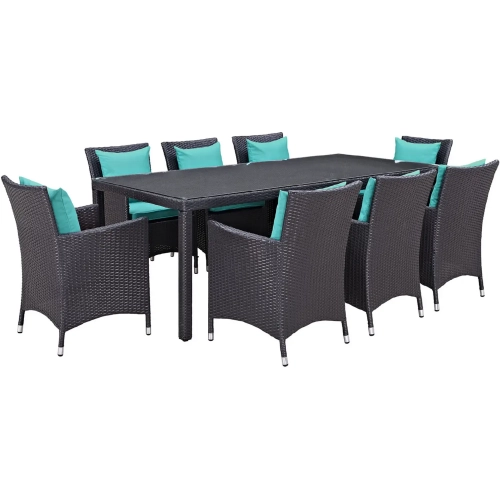 Convene 9 Piece Outdoor Patio Dining Set in Espresso with Turquoise Cushions
