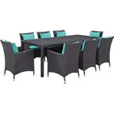 Convene 9 Piece Outdoor Patio Dining Set in Espresso with Turquoise Cushions