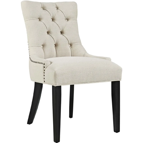 Regent Dining Chair in Tufted Beige Fabric with Nailhead Trim on Black Legs