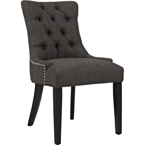 Regent Dining Chair in Tufted Brown Fabric with Nailhead Trim on Black Legs