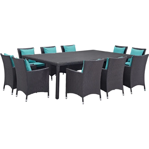 Convene 11 Piece Outdoor Patio Dining Set in Espresso with Turquoise Cushions