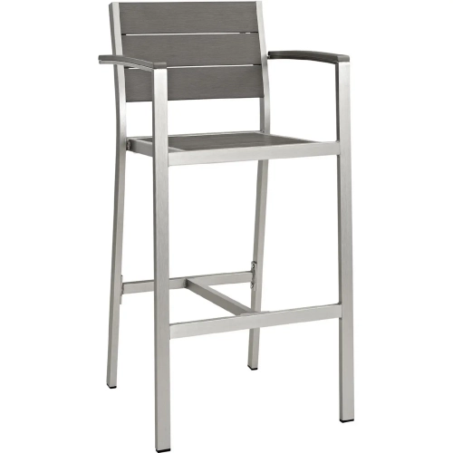 Shore Outdoor Patio Aluminum Arm Bar Stool in Brushed Silver with Gray Slats