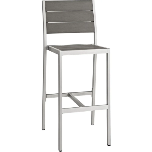 Shore Outdoor Patio Aluminum Armless Bar Stool in Brushed Silver with Gray Slats