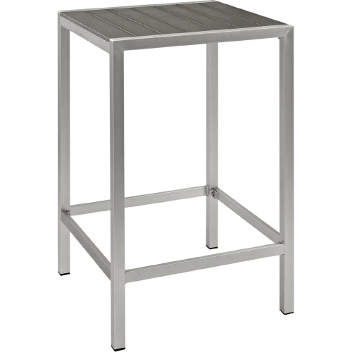 Shore Outdoor Patio Aluminum Square Bar Table in Brushed Silver with Gray Slats
