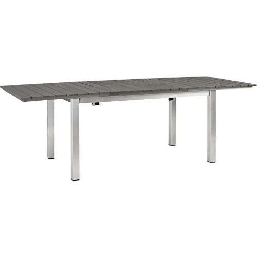 Shore Outdoor Patio Wood Dining Table in Brushed Silver with Gray Slats