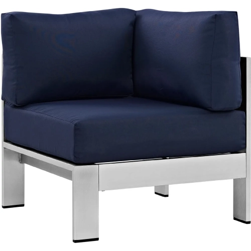 Shore Outdoor Patio Aluminum Armchair in Silver with Navy Fabric Cushions