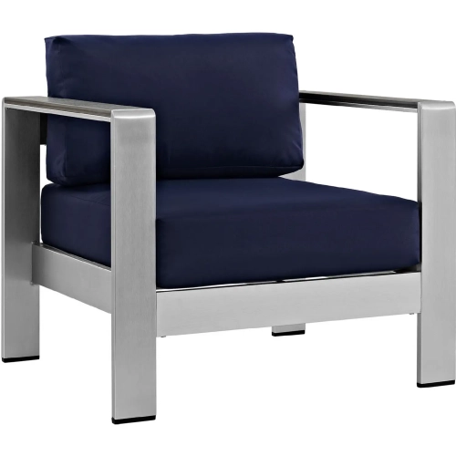 Shore Outdoor Patio Aluminum Armchair in Silver with Navy Cushions