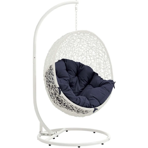 Hide Outdoor Patio Swing Chair in White Steel & Poly Rattan with Navy Fabric Cushion