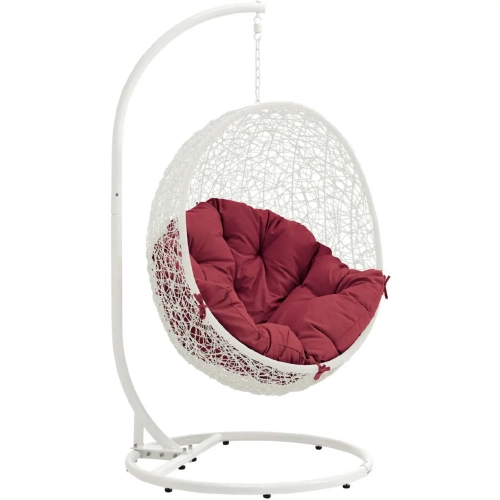 Hide Outdoor Patio Swing Chair in White Steel & Poly Rattan with Red Fabric Cushion