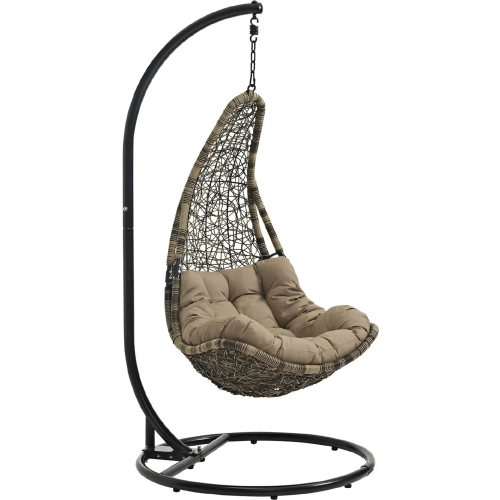 Abate Outdoor Patio Swing Chair in Black Steel & Black Brown Poly Rattan with Mocha Fabric Cushion