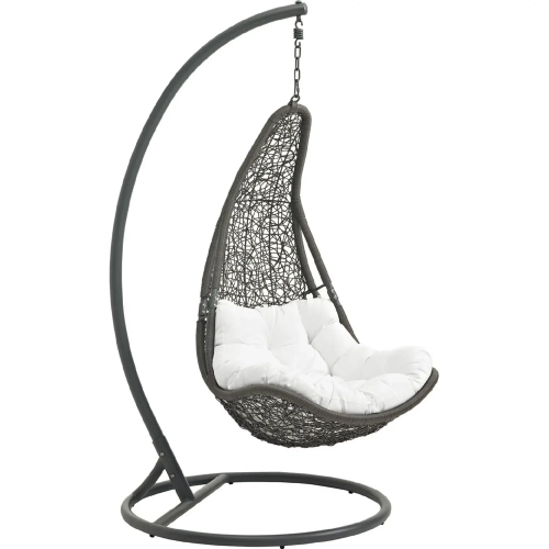 Abate Outdoor Patio Swing Chair in Gray Steel & Poly Rattan with White Fabric Cushion