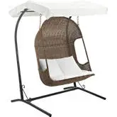 Vantage Outdoor Patio Swing Chair in Brown Poly Rattan on Steel Frame with White Fabric Cushion