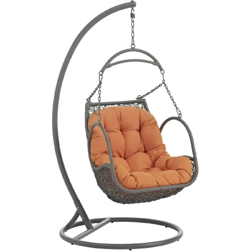 Arbor Outdoor Patio Wood Swing Chair in Steel & Grey Poly Rattan with Orange Fabric Cushion