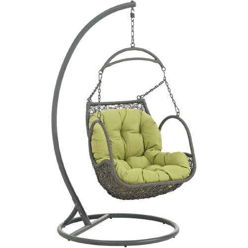 Arbor Outdoor Patio Wood Swing Chair in Steel & Grey Poly Rattan with Peridot Fabric Cushion