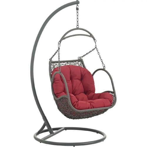 Arbor Outdoor Patio Wood Swing Chair in Steel & Grey Poly Rattan with Red Fabric Cushion