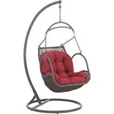 Arbor Outdoor Patio Wood Swing Chair in Steel & Grey Poly Rattan with Red Fabric Cushion