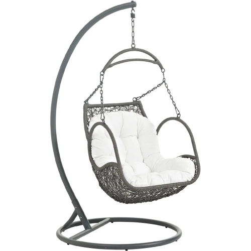 Arbor Outdoor Patio Wood Swing Chair in Steel & Grey Poly Rattan with White Fabric Cushion