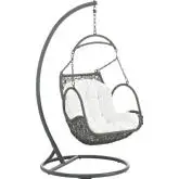 Arbor Outdoor Patio Wood Swing Chair in Steel & Grey Poly Rattan with White Fabric Cushion