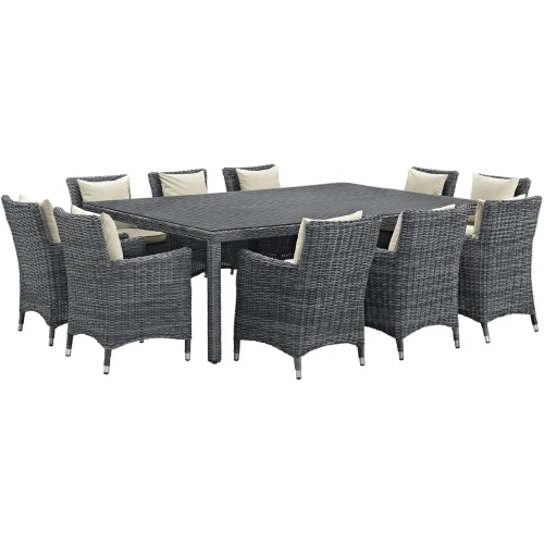 Summon 11 Piece Outdoor Patio Sunbrella &reg; Dining Set in Antique Canvas with Beige Cushions