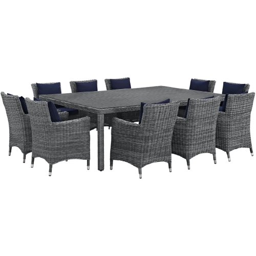 Summon 11 Piece Outdoor Patio Sunbrella &reg; Dining Set in Canvas with Navy Cushions