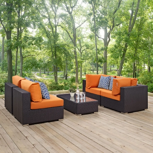 Convene 5 Piece Outdoor Patio Sectional Set in Espresso & Orange