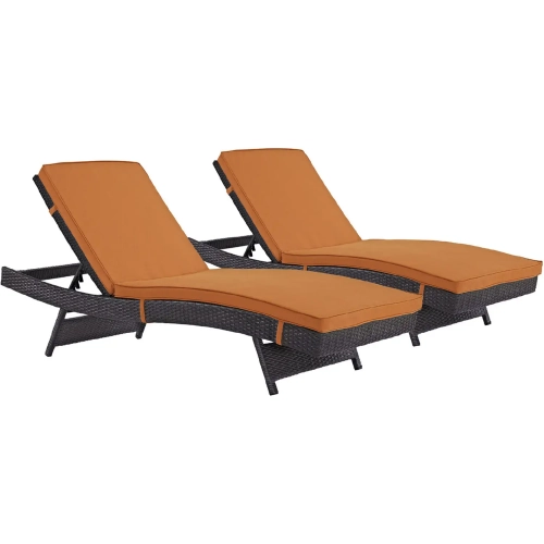 Convene Outdoor Patio Chaise in Espresso Poly Rattan with Orange Cushions (Set of 2)