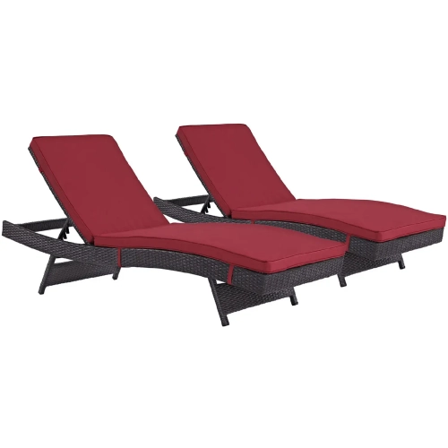 Convene Outdoor Patio Chaise in Espresso Poly Rattan with Red Cushions (Set of 2)