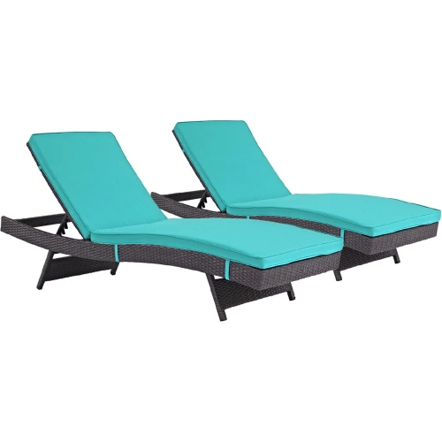 Convene Outdoor Patio Chaise in Espresso Poly Rattan with Turquoise Cushions (Set of 2)