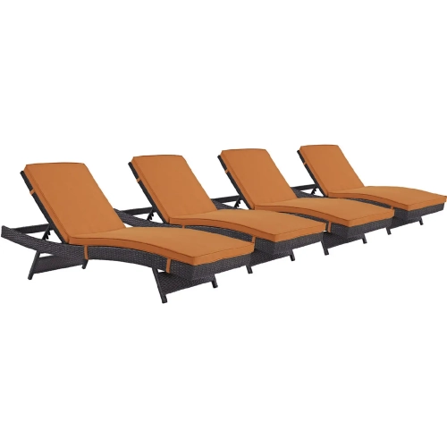 Convene Outdoor Patio Chaise in Espresso Poly Rattan with Orange Cushions (Set of 4)