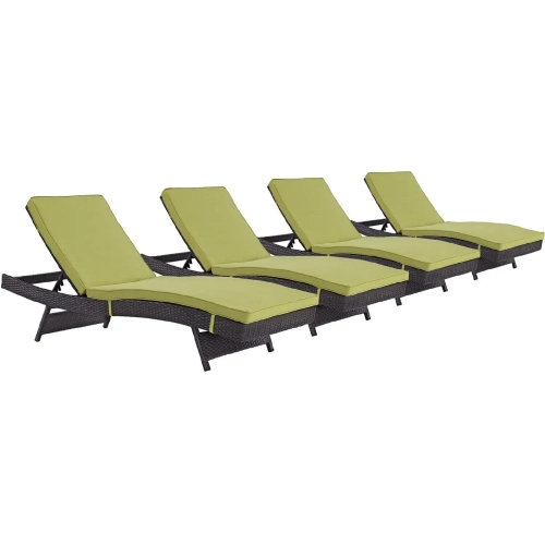Convene Outdoor Patio Chaise in Espresso Poly Rattan with Peridot Cushions (Set of 4)