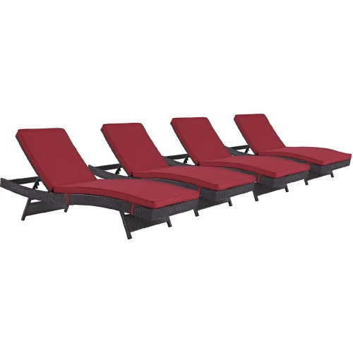 Convene Outdoor Patio Chaise in Espresso Poly Rattan with Red Cushions (Set of 4)