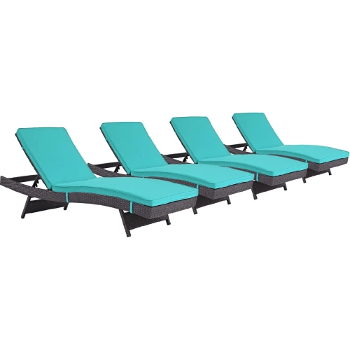 Convene Outdoor Patio Chaise in Espresso Poly Rattan with Turquoise Cushions (Set of 4)