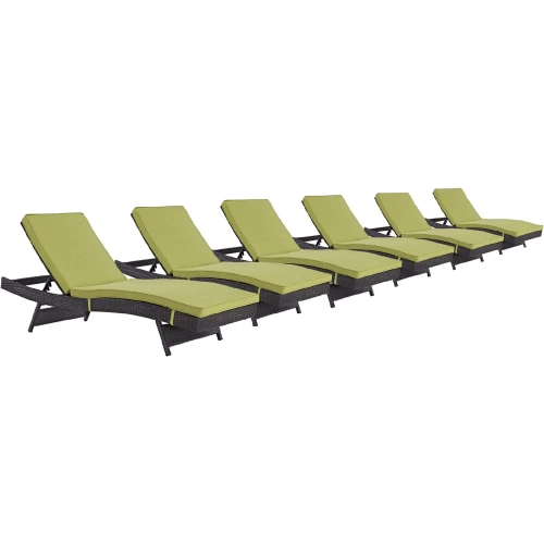 Convene Outdoor Patio Chaise in Espresso Poly Rattan with Peridot Cushions (Set of 6)