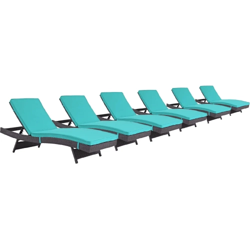 Convene Outdoor Patio Chaise in Espresso Poly Rattan with Turquoise Cushions (Set of 6)