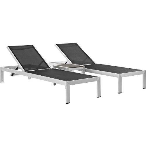 Shore Outdoor Patio 2 Chaise & Table Set in Brushed Aluminum & Black Mesh