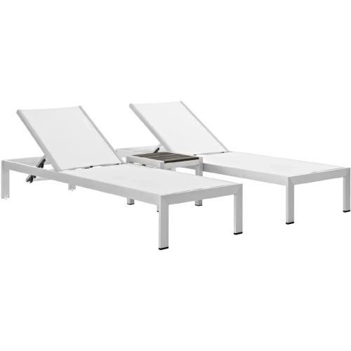 Shore Outdoor Patio 2 Chaise & Table Set in Brushed Aluminum & White Mesh