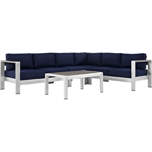 Shore 5 Piece Outdoor Patio Aluminum Sectional Sofa Set with Navy Cushions