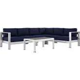 Shore 5 Piece Outdoor Patio Aluminum Sectional Sofa Set with Navy Cushions