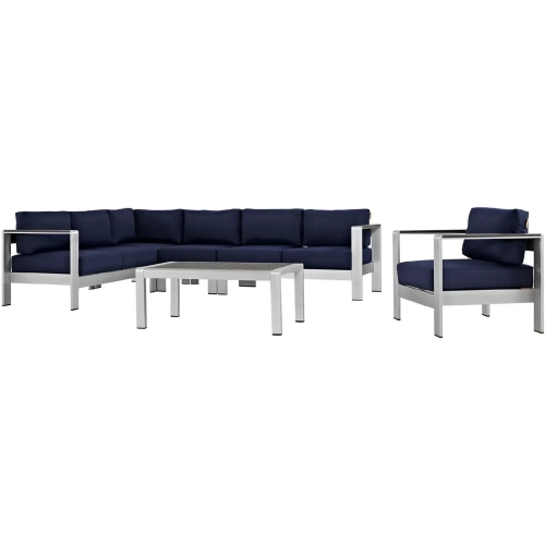 Shore 6 Piece Outdoor Patio Aluminum Sectional Sofa Set with Navy Cushions