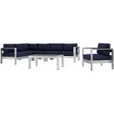 Shore 6 Piece Outdoor Patio Aluminum Sectional Sofa Set with Navy Cushions