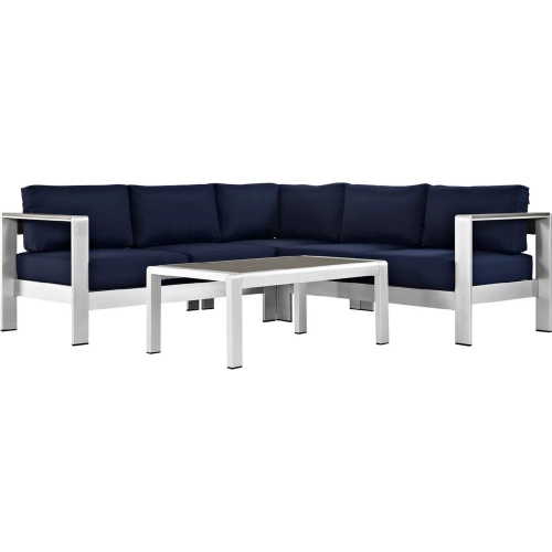 Shore 4 Piece Outdoor Patio Aluminum Sectional Sofa Set with Navy Cushions