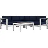 Shore 4 Piece Outdoor Patio Aluminum Sectional Sofa Set with Navy Cushions