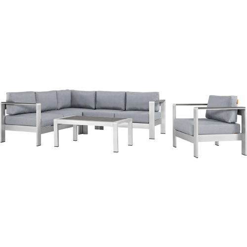 Shore 5 Piece Outdoor Patio Aluminum Sectional Sofa Set with Gray Cushions