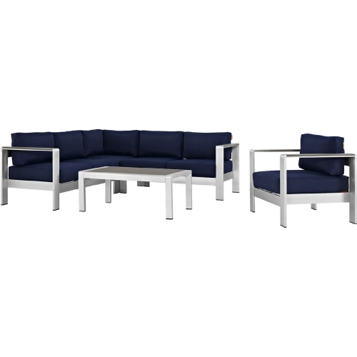 Shore 5 Piece Outdoor Patio Aluminum Sectional Sofa Set with Navy Cushions