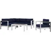 Shore 5 Piece Outdoor Patio Aluminum Sectional Sofa Set with Navy Cushions