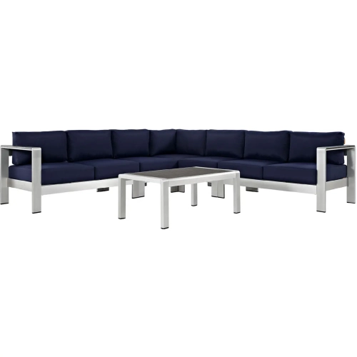 Shore 6 Piece Outdoor Patio Aluminum Sectional Sofa Set with Navy Cushions