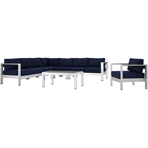 Shore 7 Piece Outdoor Patio Aluminum Sectional Sofa Set with Navy Cushions