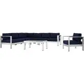 Shore 7 Piece Outdoor Patio Aluminum Sectional Sofa Set with Navy Cushions