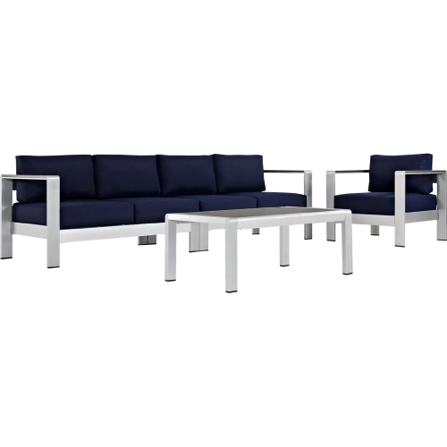 Shore 4 Piece Outdoor Patio Aluminum Sofa & Arm Chair Set with Navy Cushions