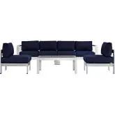 Shore 5 Piece Outdoor Patio Aluminum Sofa Set with Navy Cushions